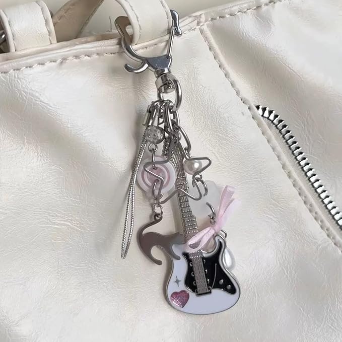 White Guitar Charm Keychain – Kawaii Handmade Accessory