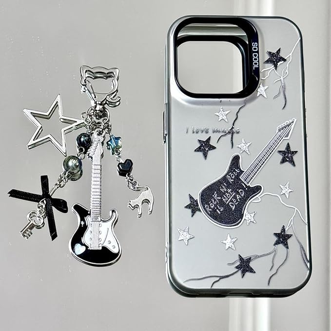 Black Guitar Charm Keychain – Handmade Y2K Accessory