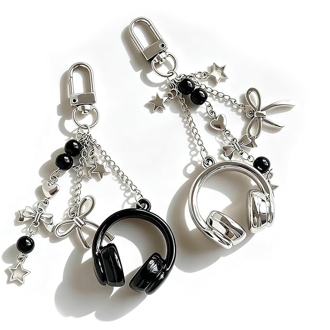 Headphone Charm Keychain in black and silver with bow and star charms