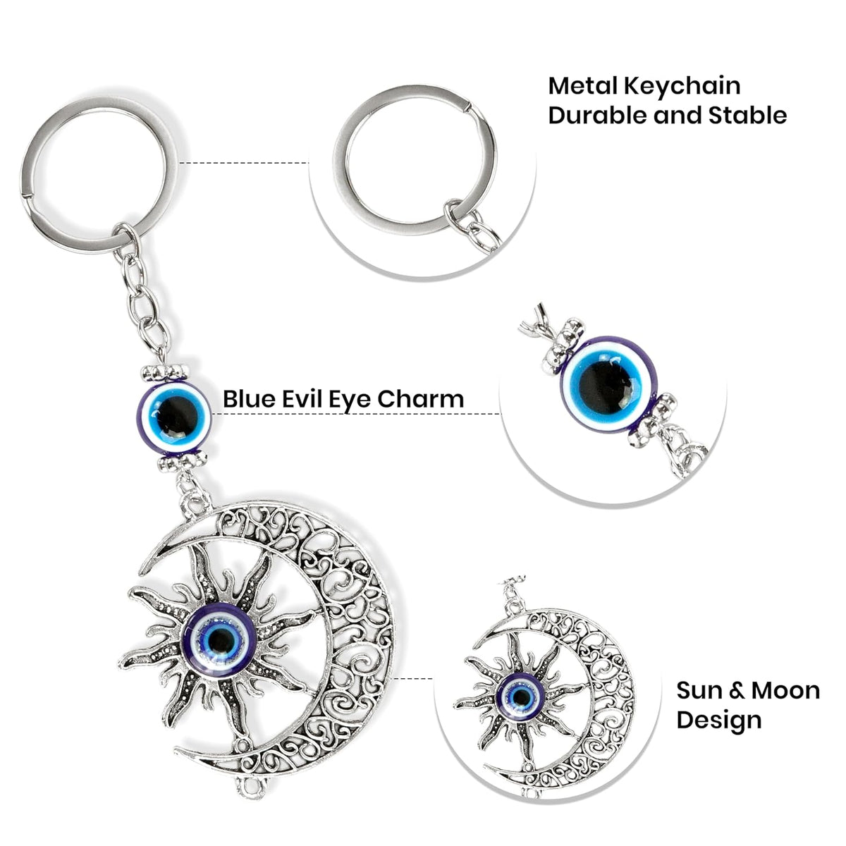Evil Eye Keychain features – blue evil eye charm and sun moon design