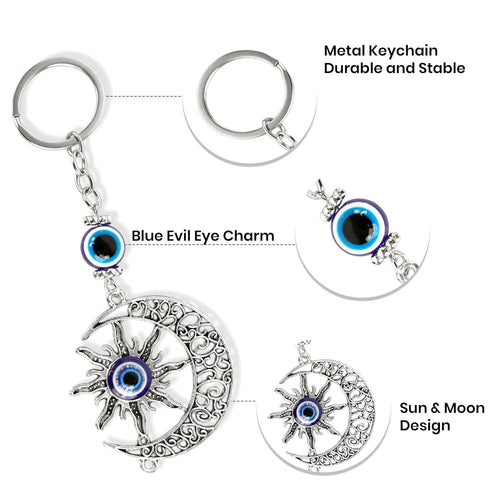 Evil Eye Keychain features – blue evil eye charm and sun moon design
