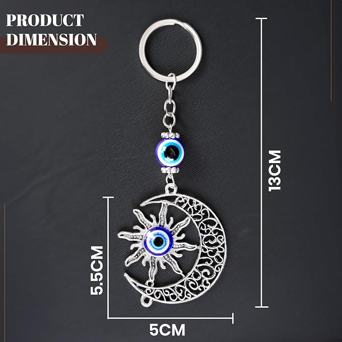 Evil Eye Keychain dimensions – 13cm length, 5.5cm x 5cm pendant