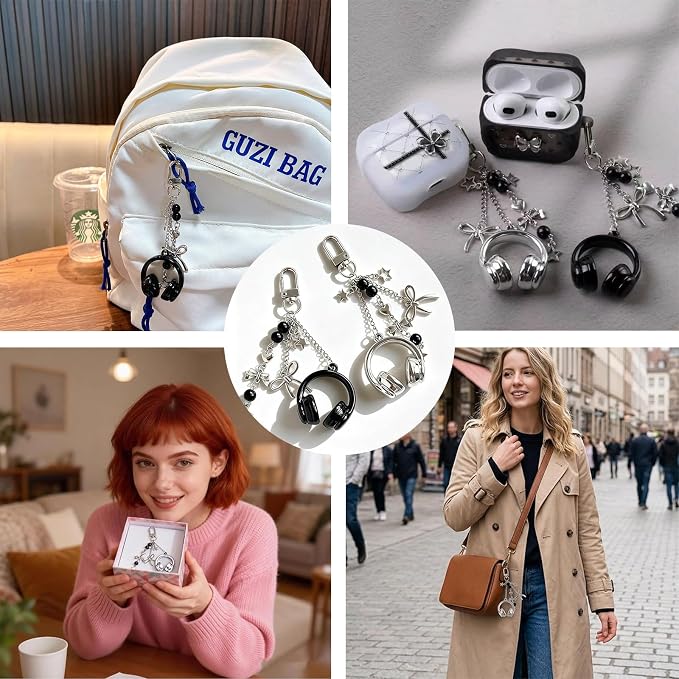 Headphone charm keychain on backpack and bag lifestyle shots