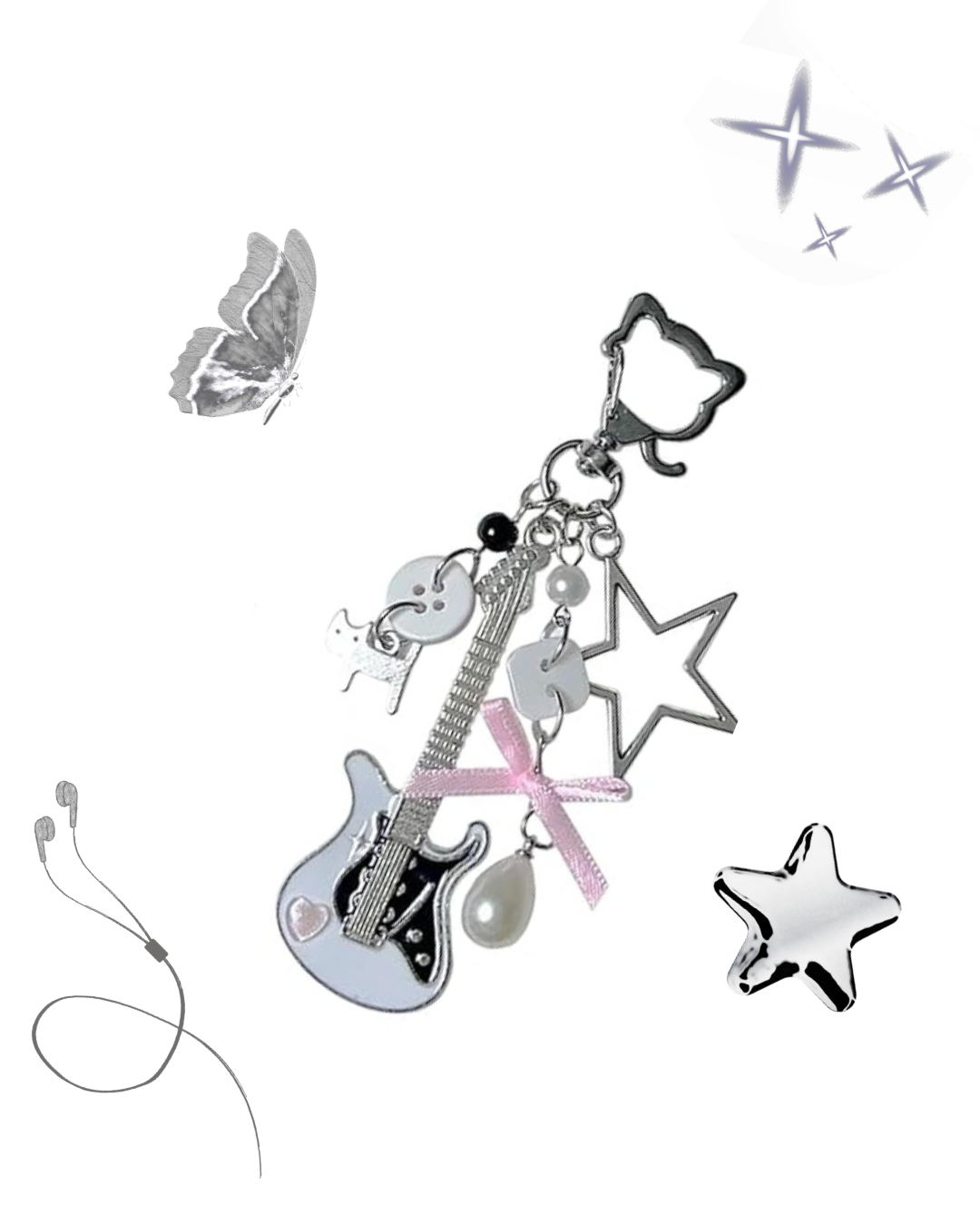 White Guitar Keychain with star, pearls and pink ribbon charms