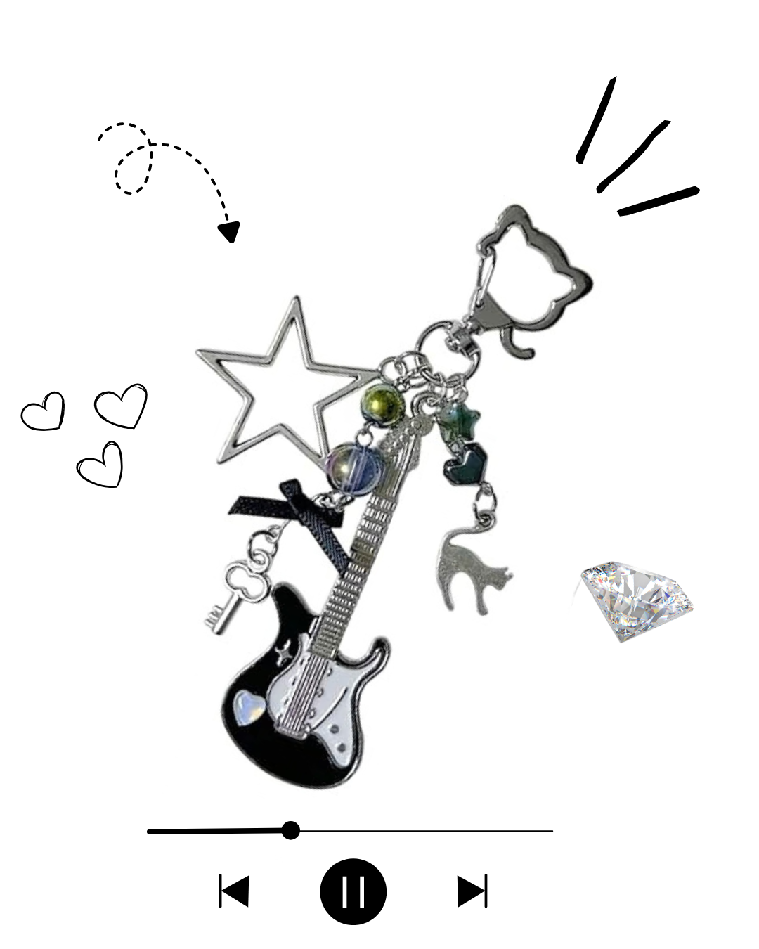 Black Guitar Charm Keychain – Handmade Y2K Accessory