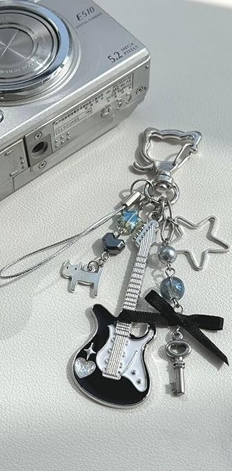 Black Guitar Charm Keychain – Handmade Y2K Accessory
